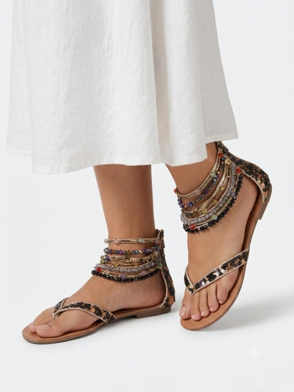 ZIGI Girl Femme Crystal Gladiator Sandals Size 10 Champagne Beaded Flat Sandals - Picture 3 of 14